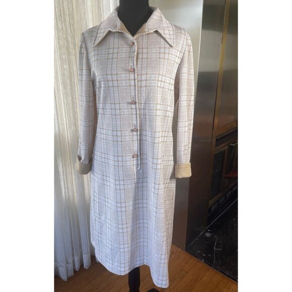 Vintage 70s dress, tan buffalo check pattern, long sleeves, officewear - Picture 1 of 9